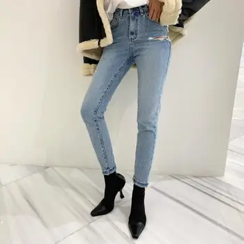 

2019 Korean version of the new high waist high elastic thin retro temperament cut broken edge to do old hole jeans 7329#
