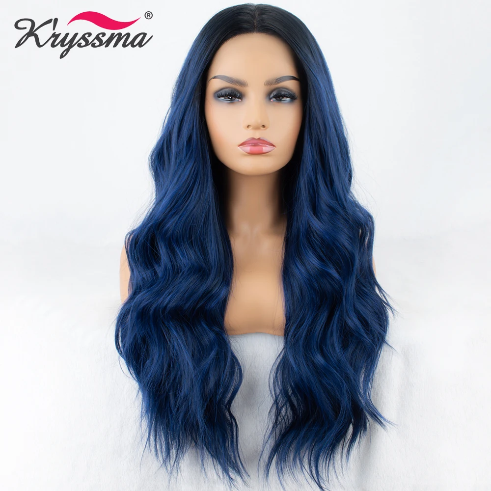 

Mixed Blue 13x3 Synthetic Lace Front Wig Long Wavy Ombre Blue Wigs for Women Dark Roots 2 Tones Hair High Temperature Fiber