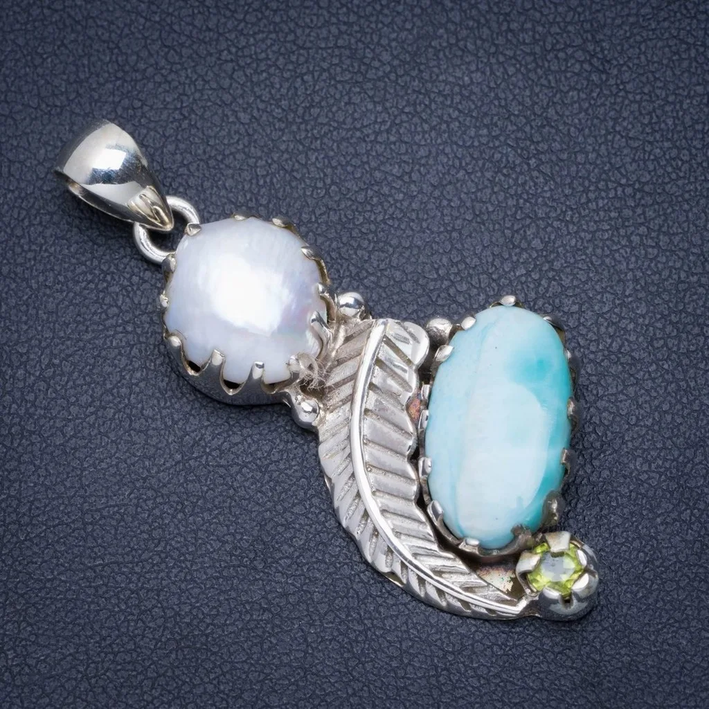 

Natural Caribbean Larimar,River Pearl and Peridot Handmade Leaf 925 Sterling Silver Pendant 2" A0001