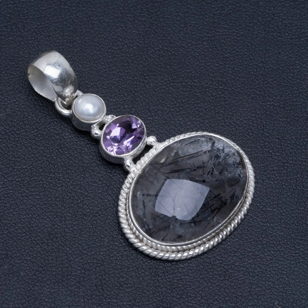 

Natural Tourmalinated Quartz,Amethyst and River Pearl Unique 925 Sterling Silver Pendant 1.75" A4847