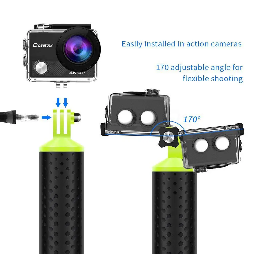 FULL-Floating Hand Grip Waterproof Handle Water Sport Pole Diving Stick Monopod, Includes Thumb Screw and Adjustable Wrist Str