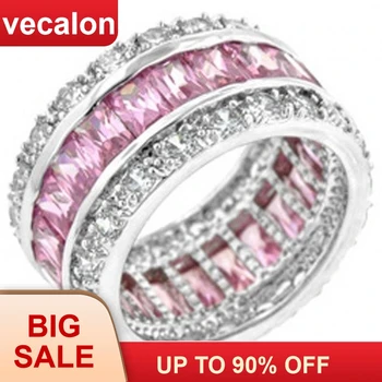 

Vecalon 925 Sterling Silve Engagement wedding Band rings for Women Fashion Jewelry ring Princess cut Pink stone Cz ring