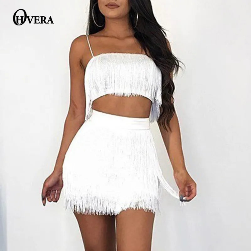 

Ohvera Tassel 2 Piece Set Women Spaghetti Strap Camisoles Crop Top And High Waist Mini Skirt Sexy Two Piece Set Summer Outfits