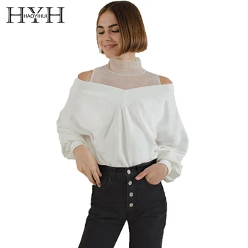 

HYH Haoyihui Solid color net yarn high - collar joint with a long Sleeve Party Sexy Autumn Pullovers Sweatshirt