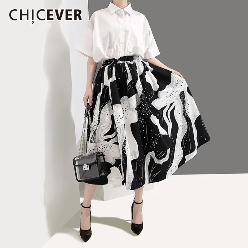 

CHICEVER Spring Hit Color Print Women Skrit High Elastic Waist Loose Oversize A-line Pleated Female Skirts 2019 Fashion New