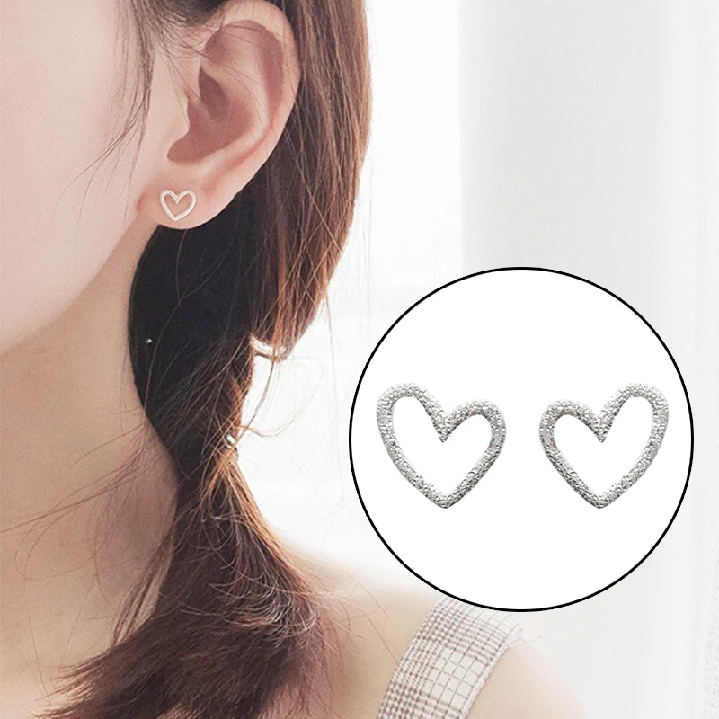 

High Qualityl Free Shipping Hot Sell Silvery Handmade Dull Polish Hollow Heart Stud Earrings 2018 Unique Allergy Free 1Pair