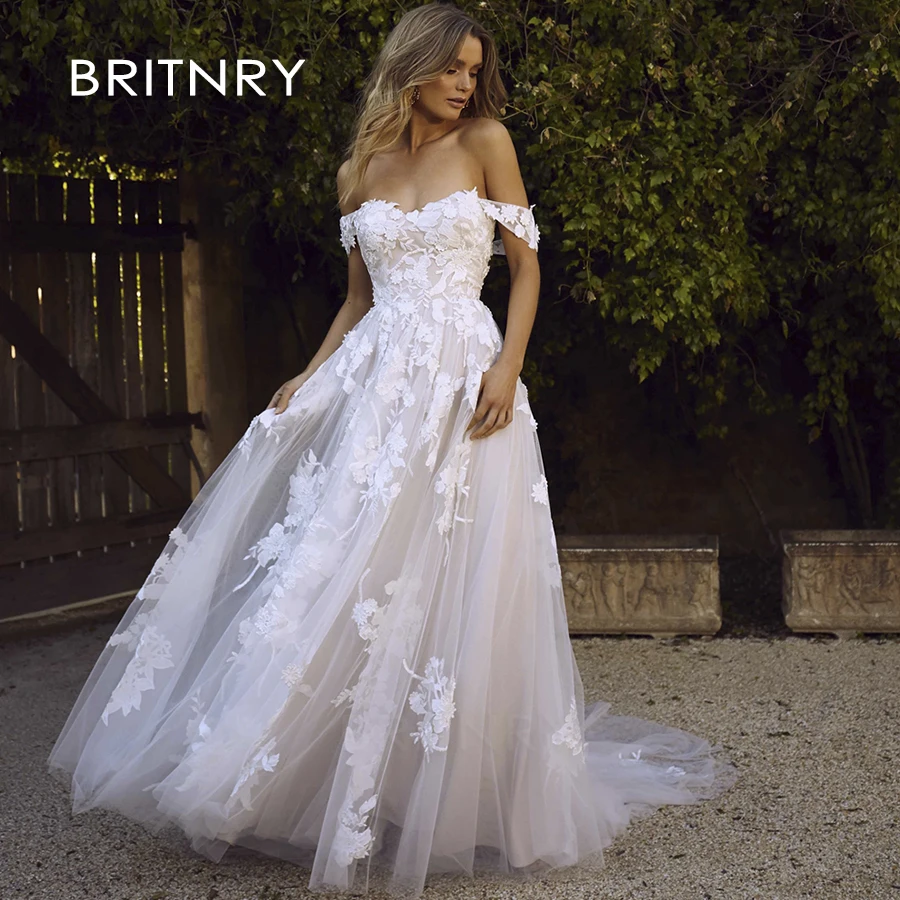 

BRITNRY Vestido de Noiva 2019 Princess Wedding Dresses Boat Neck Illusion Wedding Gowns Lace Appliques A-Line Bride Dress