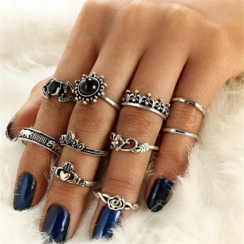 

Fashion simple ring set jewelry female personality ring set decorations hollow flower elephant love ring set 10 pcs/set