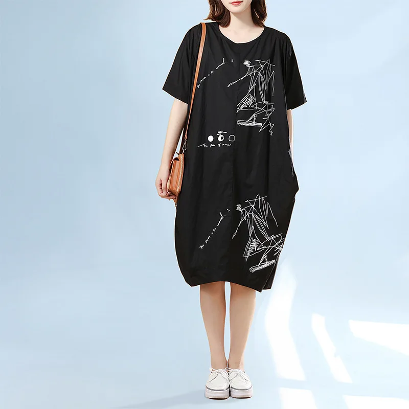 LANMREM 2020 Summer New Pattern Loose Casual Irregular Printing Dress Round Collar Short Sleeve Large Size Cloth For Women YH167