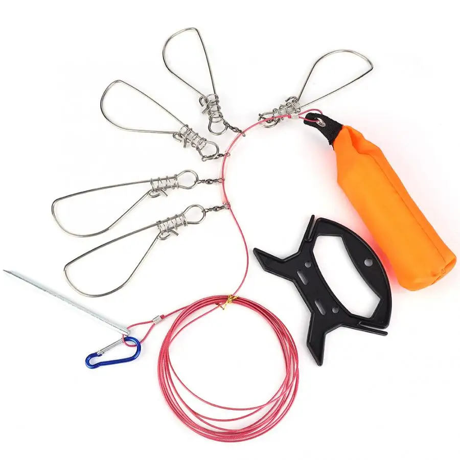 

nylon Stainless Steel Heavy Duty Fishing Catch Stringer with 5 Lock Snaps Ropes Float carp fishing ropeTackle