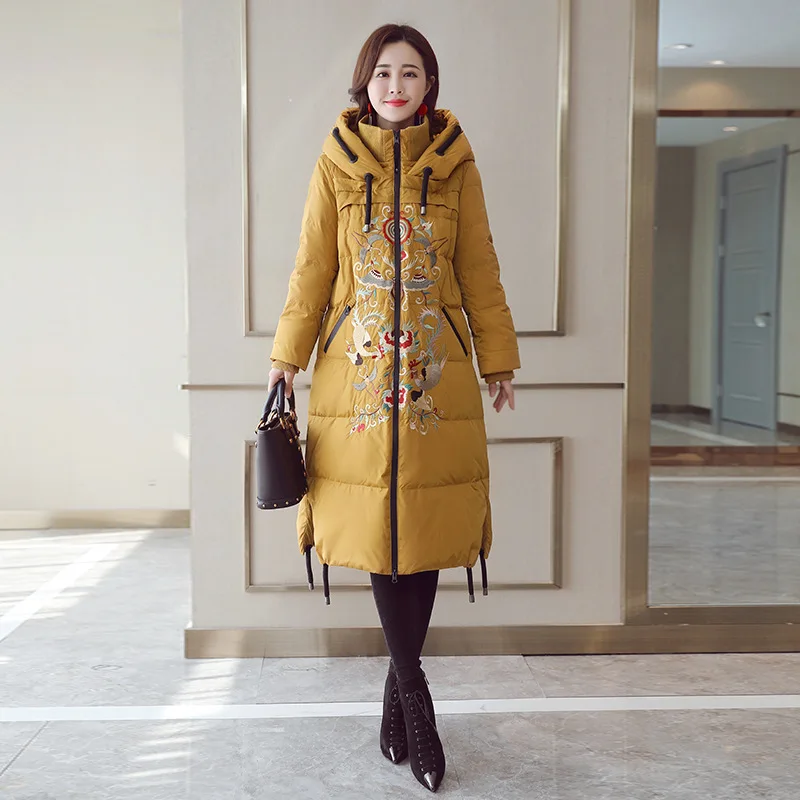 Повседневная винтажная зимняя куртка в китайском национальном стиле, женские топы с вышивкой, пальто с хлопковой подкладкой, Женская парка с капюшоном A600