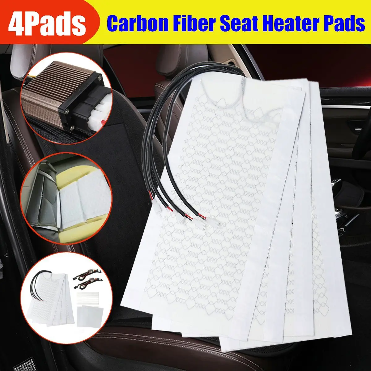 

12V 2 Seats 4 Pads Universal Carbon Fiber Heated Seat Heater heating 12V Pads 2 Dial 5 Level Switch Winter Warmer Seat Covers
