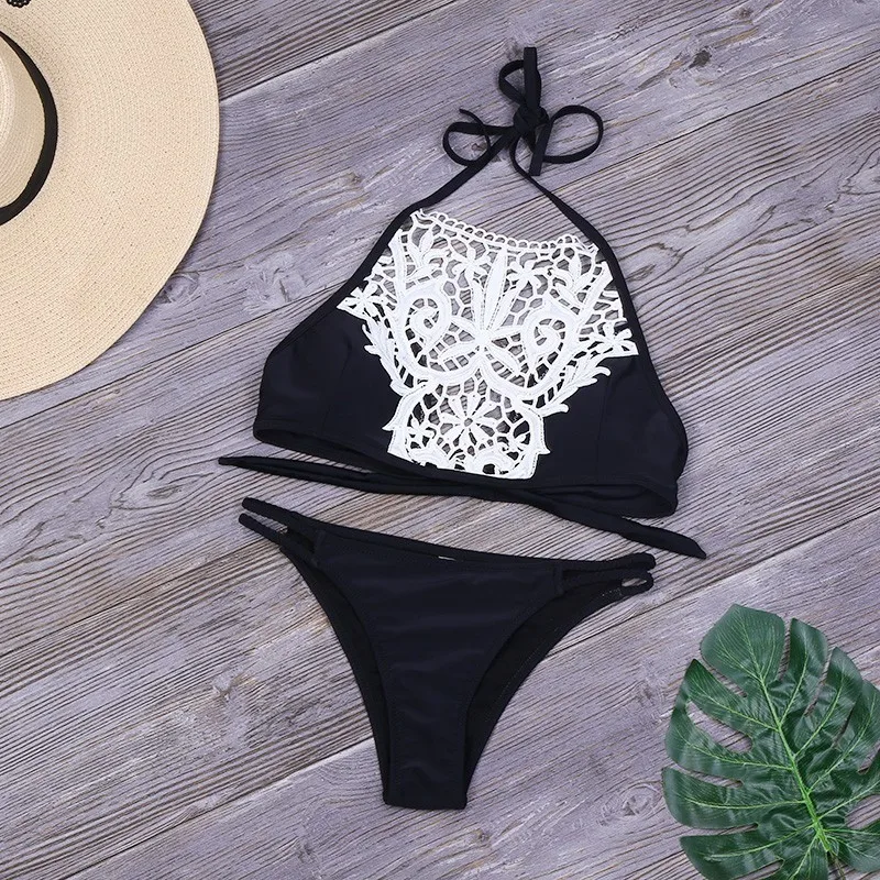 

Lefeel Set Solid Bikini Sexy Bordered Floral Swimwear Halter Top Swimsuit Cross Bandage Biquini 2019 Women New Suits Monokini