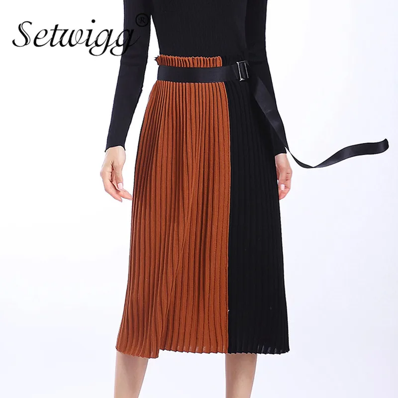 

Autumn Winter High Waist Sashes Rib Knit Below Knee Skirt Contract Color Patchwork Belt Joker Pleated A-line Midi Knitted Skirts