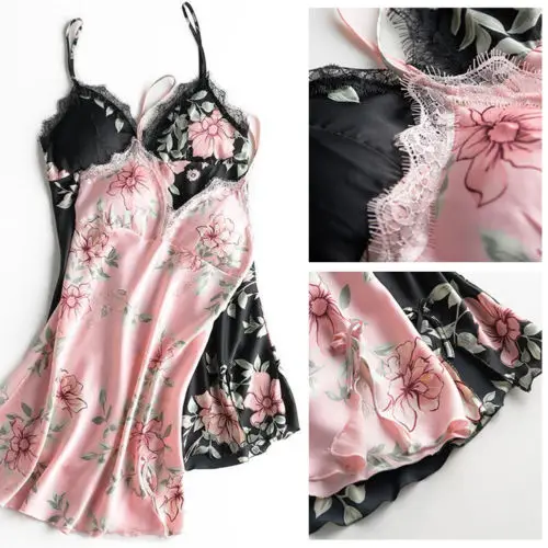 Hirigin 2019 Brand New Sexy Floral Print Women Silk Lace Sleeveless Robe Babydoll Nightdress Nightgown Sleepwear Night Dress
