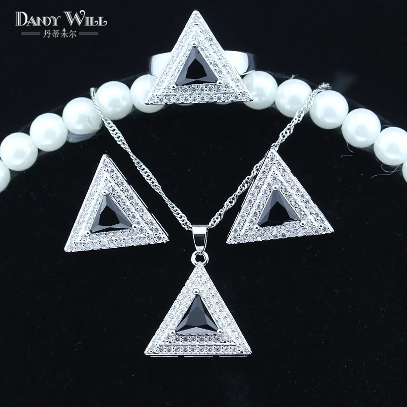 

Red Blue Green Black Color Jewelry Sets For Women Cubic Zirconia Drop Ladies Silver Necklace Earring and Rings