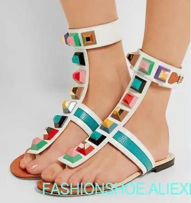 

2019 Hot Multicolor Studded Ankle-Wrap Sandal Summer Clip Toe Women Fashion Flat Sandals Ankle Buckles Ladies Sexy Dress Shoes