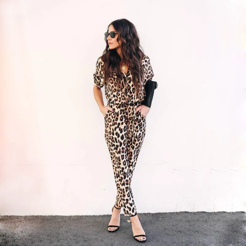 

Women Jumpsuits Leopard-Print Short Sleeve Long Pants Streewear Button Vneck Lady Office Casual Clothes GRNSHTS