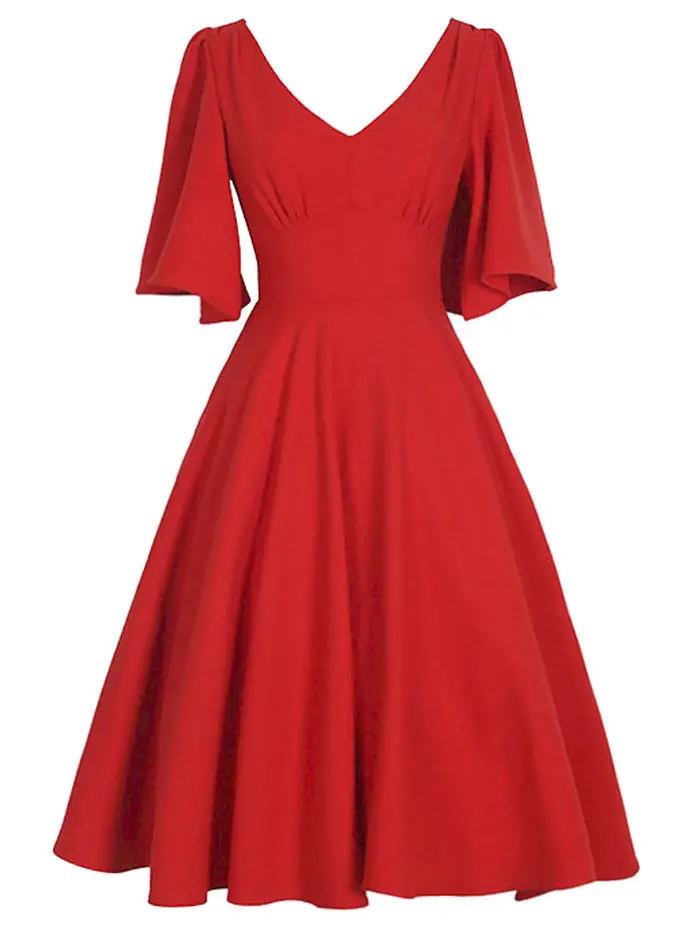 

2019 Women Spring Summer Solid Midi Dress Casual Elegant V-Neck 50s Vintage Party Dress Retro Rockabilly Cocktail Vestidos Red