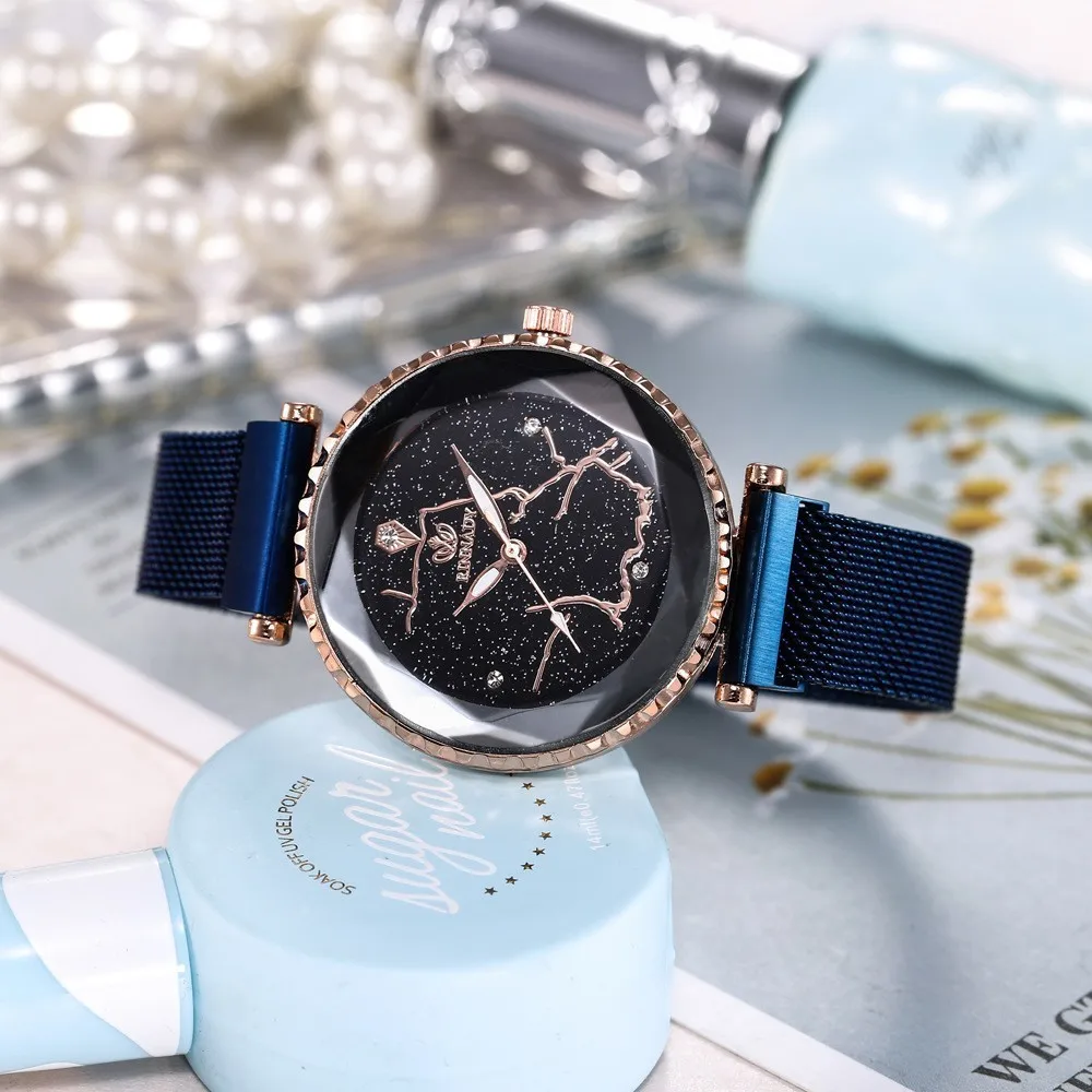 Роскошные сетчатые женские часы с магнитной пряжкой, звездная Бриллиантовая Геометрическая поверхность, повседневные кварцевые наручные часы для женщин, синие часы