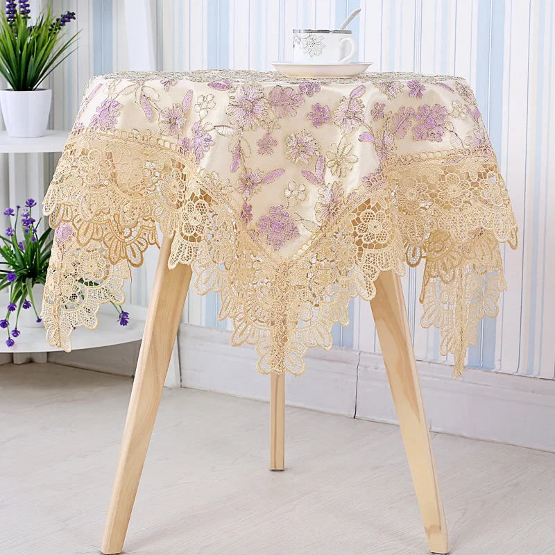 Luxury Satin Lace Exquisite Embroidery Flowers Tablecloth TV Bedside