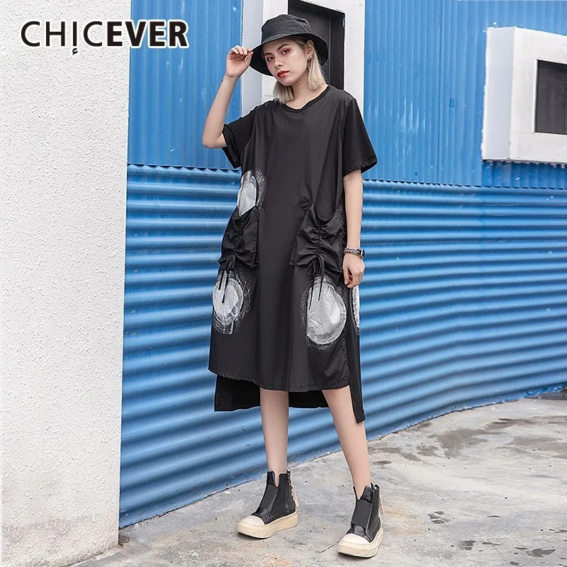 

CHICEVER Summer Casual Dot Print Women Dress O Neck Half Sleeve Drawstring Pockets Loose Mid Calf A-line Dresses 2019 Fashion