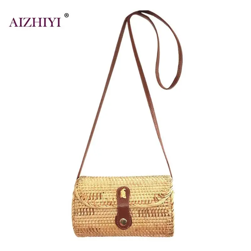 

2019 New Fashion Ladies Summer Casual Small Cylinder Rattan Crossbody Handbags Women Woven Beach Shoulder Messenger Bag