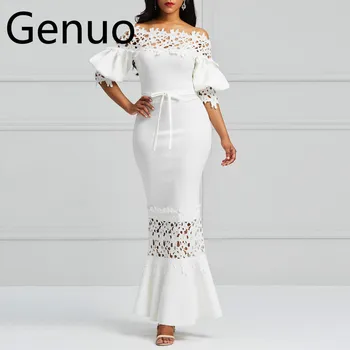 

Elegant Long Dress Women White Lace Slash Neck Mermaid Dresses Sexy Hollow Lace-Up Bodycon Party Maxi Dresses Vestidos