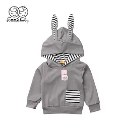 Пуловер с капюшоном и ушками для маленьких мальчиков и девочек, милая Толстовка для малышей, полосатые толстовки с карманом и кроликом для