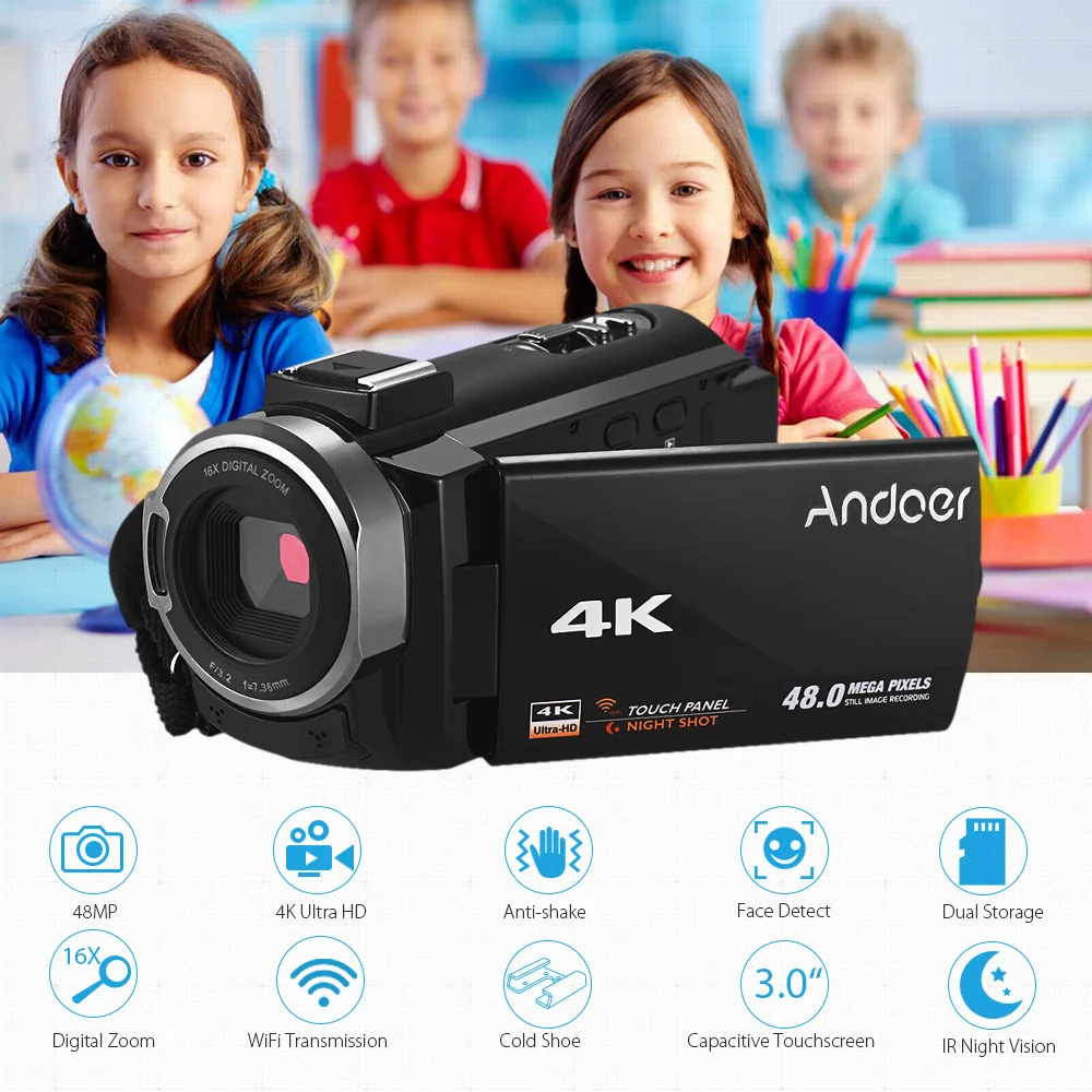 Andoer 4 к HD видеокамера DV " сенсорный экран wi fi ИК Ночное Видение многоязычный цифровой видео камера с 2 батареи+ стерео микрофон