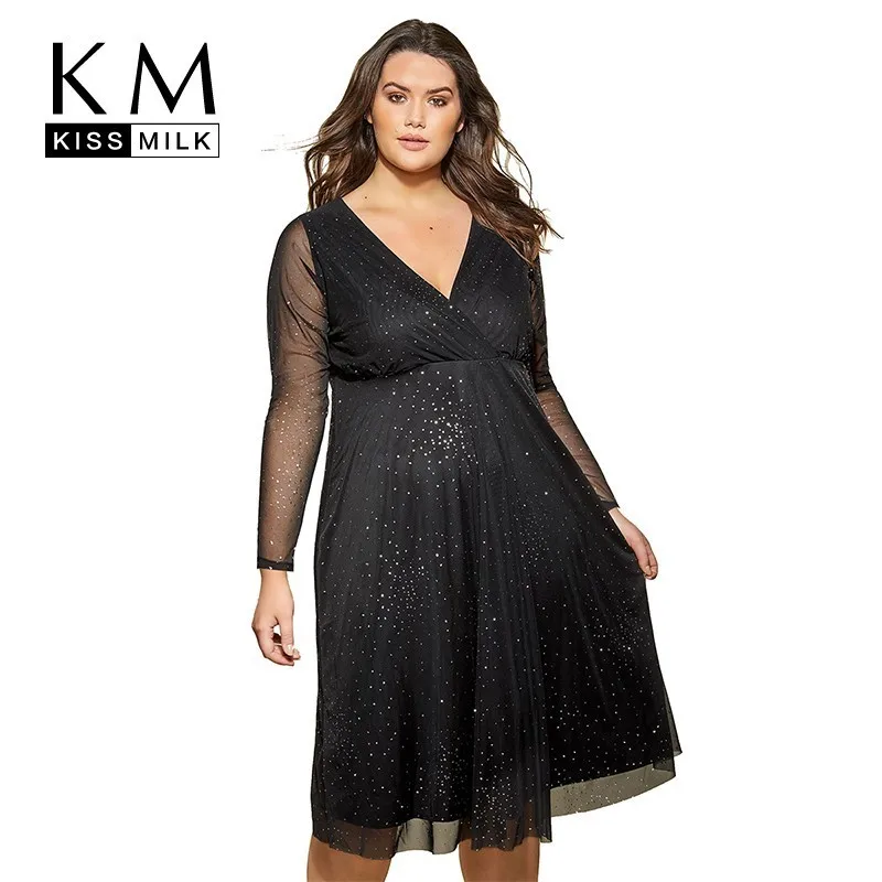 

Kissmilk Plus Size Women Dress V-neck Sexy Stars Printing Solid Color Mesh Perspective Long-sleeved Dress