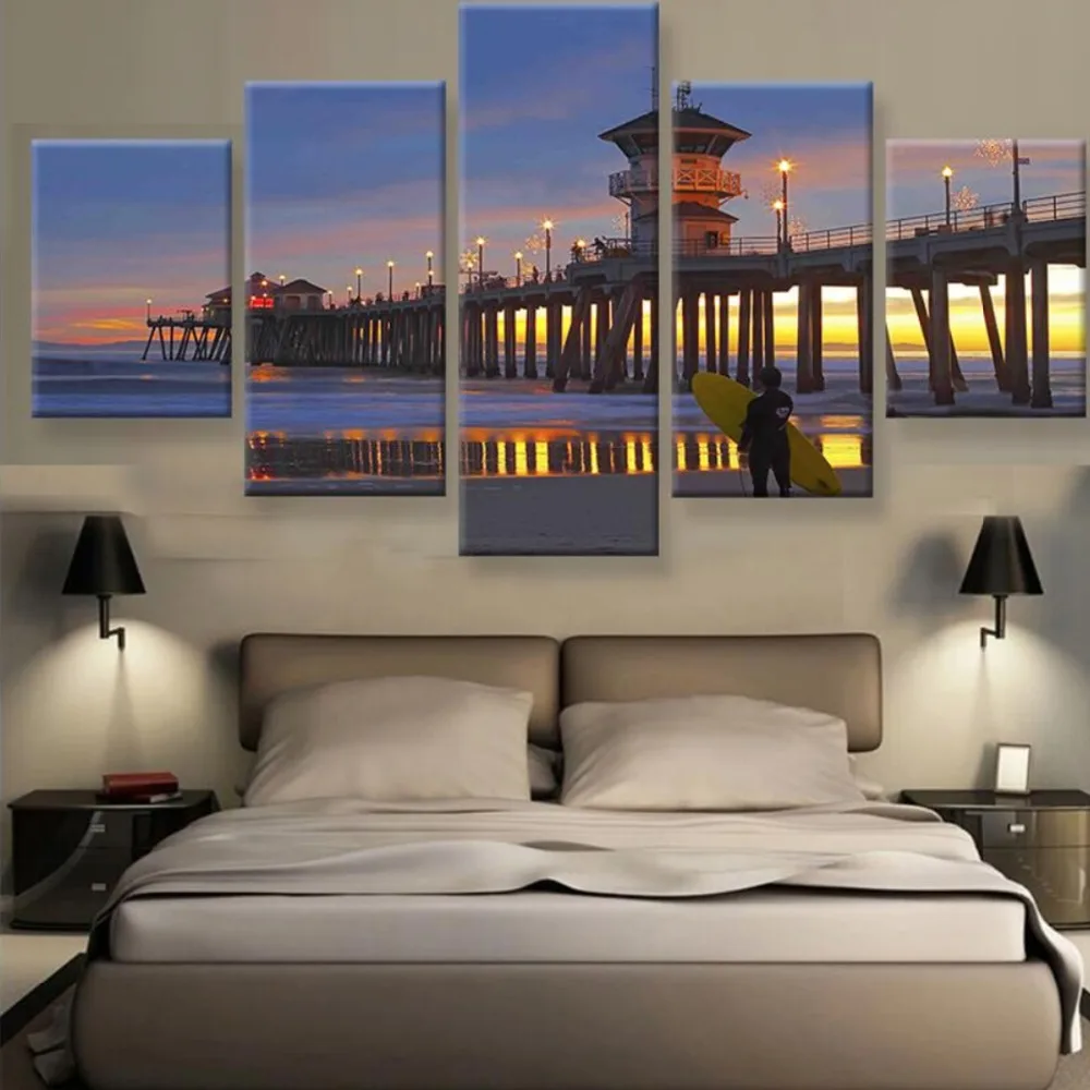 

5 Piece Canvas Painting Huntington Beach Pier Sunset Surfers View Cuadros Landscape Canvas Wall Art Home Decor For Living Room