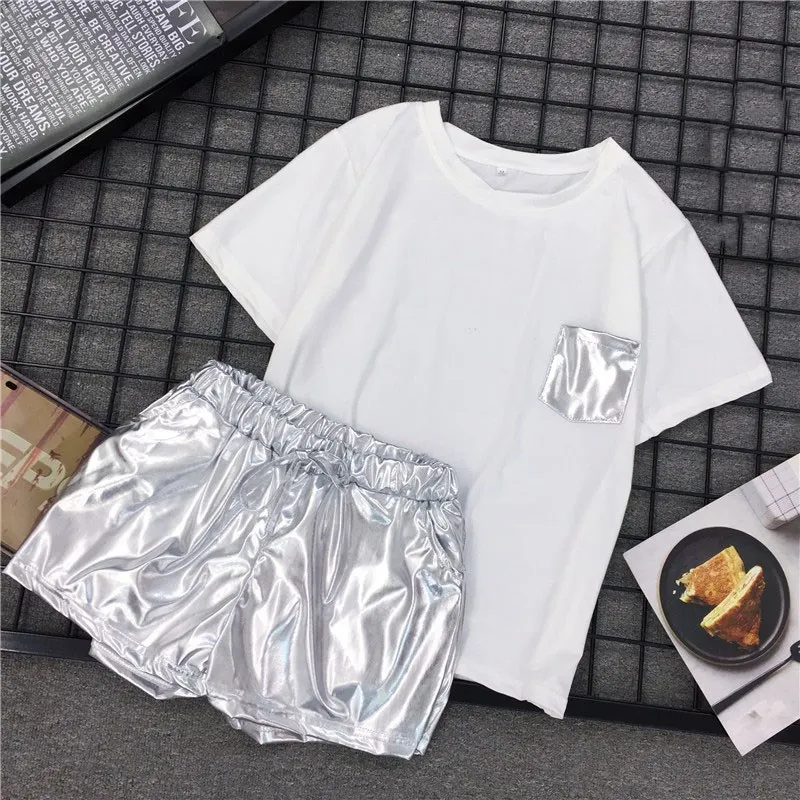 Women Hip Pop Style 2 Piece Set White T shirt Elastic Waist Casual Shorts Summer Tracksuits Sporting shiny Shorts Party Outfits