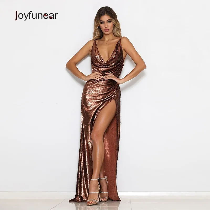 

Joyfunear Brown Floor-length Sequin Dress High Split Backless Bodycon Dress Women Sexy Maxi Long Party Dresses Elegant Vestidos