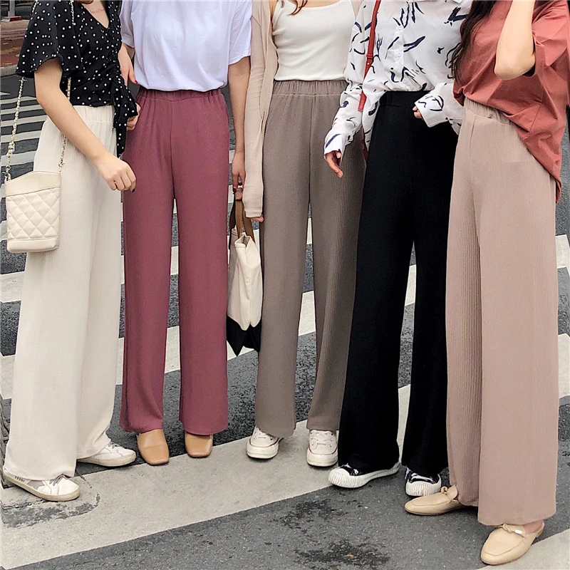 

Summer Solid Women Pants Fashion Loose Full Length High Elastic Waist Female Pants Chic Casual Korean Wide Leg Pants ZKZ004