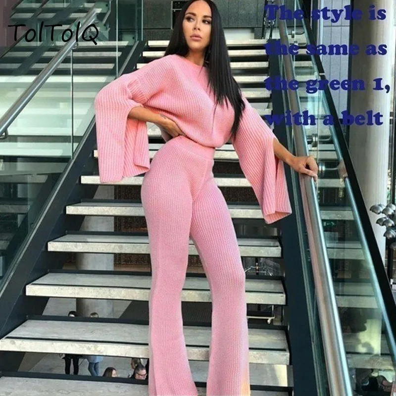 

TolTolQ New Autumn Winter Knitted Sweat Suits Women Two Piece Set Top And Pants Casual White Clothes Sexy Two Piece Outfits Xl