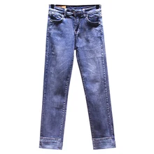 Джинсы женские прямые брюки длиной до щиколотки отбеливатель мыть манжеты кнопки карманы на молнии Мода корейский стиль горячий