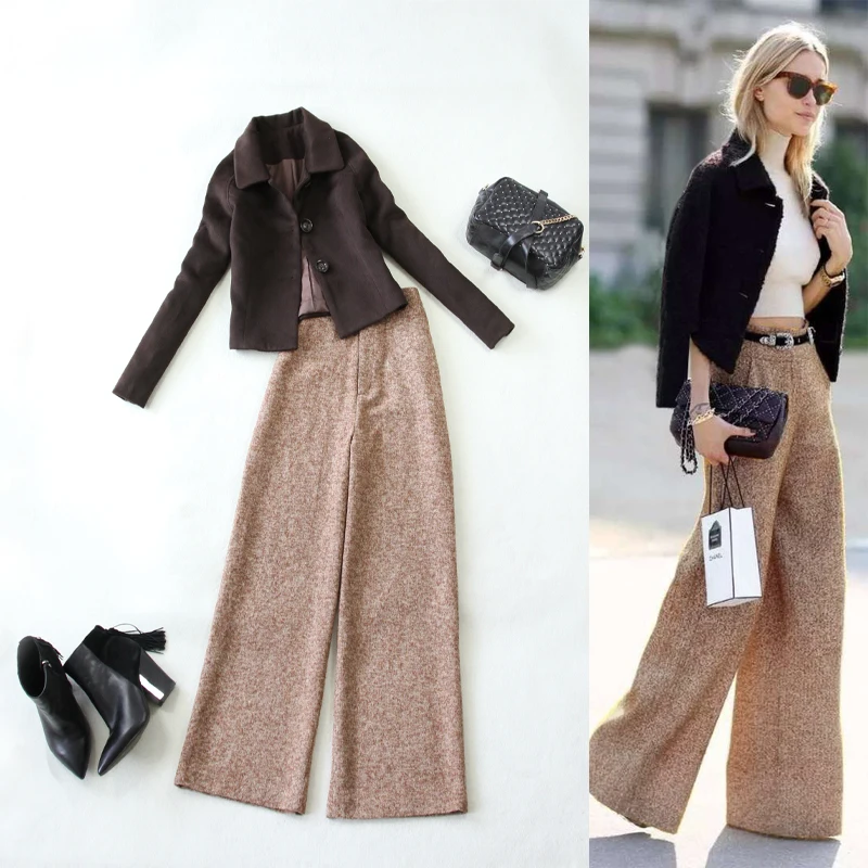 

Two piece set top and pants autumn and winter new coffee color wool short jacket + high waist wide leg pants suit