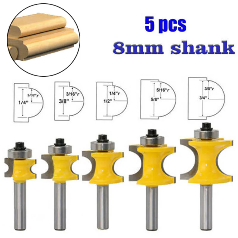 

5pcs/Set 1/4-3/4" Bullnose Router Bit Carbide Tipped Woodworking Tool 8mm Shank