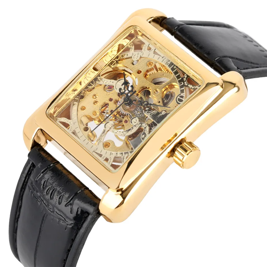 

Gold Skeleton Rectangle Shape Mechanical Watches Leather Band Men Wrist Watch Casual Hand-winding Relogio Masculino 2019 New