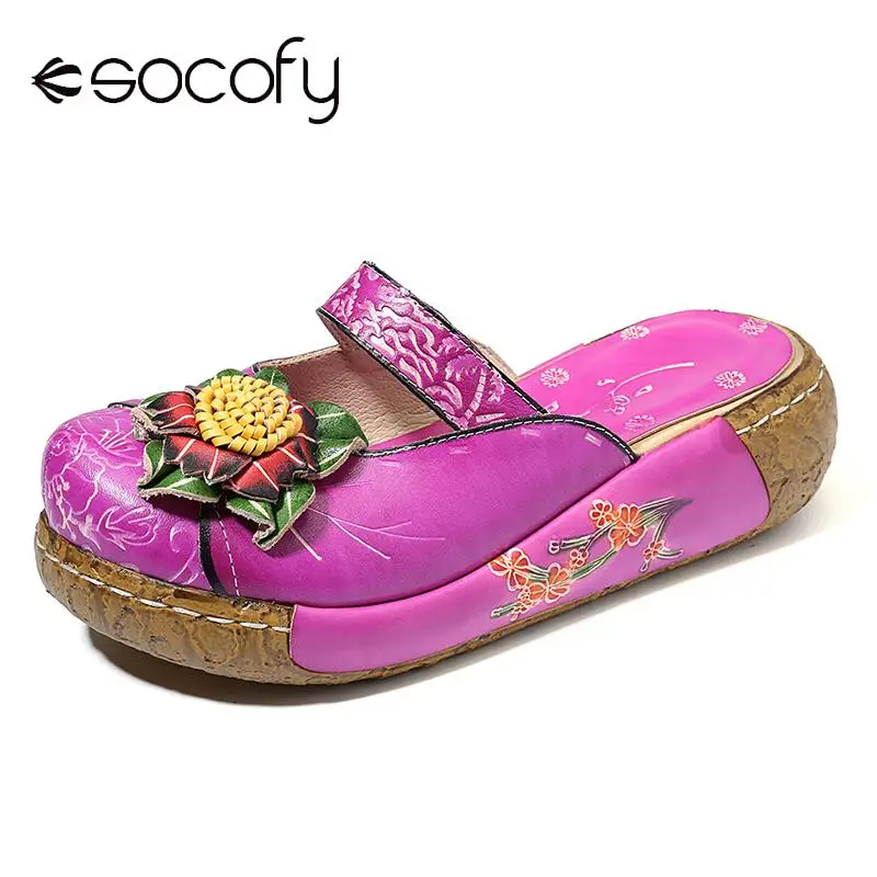 

SOCOFY Genuine Leather Retro Floral Pattern Stitching Big Head Platform Comfortable Sandals Casual Vintage Flat Shoes Women 2019