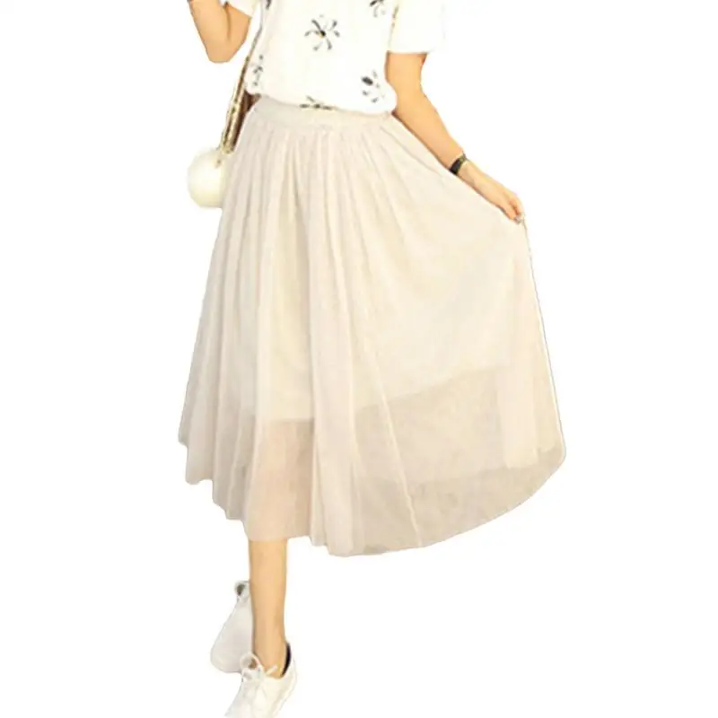 

2019 Spring Summer Women Tutu Skirt Elastic High Waist One Size Long Skirt Casual Vacation Tulle Mesh Pleated Tutu Skirt Black