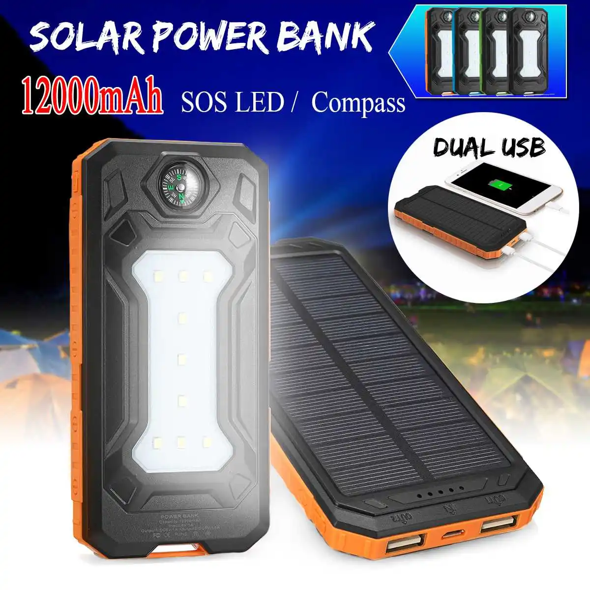 

12000mAh Solar Power Bank Portable External Battery Solar Powerbank Charger 2 USB Ports LED lights SOS mode compass for Phone