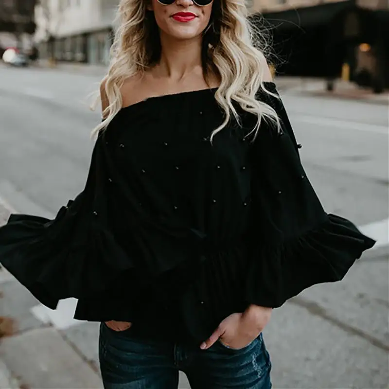 Summer Women Large Size Beaded Elastic Off-the-shoulder T-shirt Trumpet Sleeve Loose Slash Neck Casual | Женская одежда