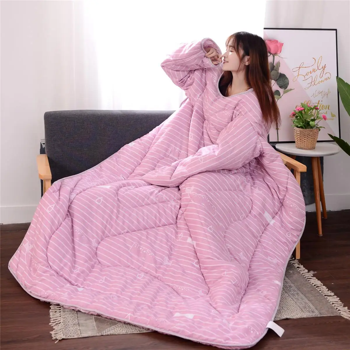 

150x200cm Winter Autumn Lazy Quilt With Sleeves Thickened Blanket Cape Cloak Nap Baby Whale Pink/Gray/Blue/Small Umbrella Blue