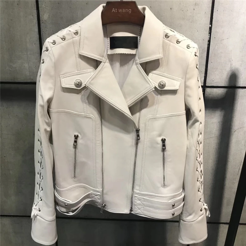 

Genuine Leather Jacket Women Biker Rivets Spring Autumn 2019 Motorcycle Jacket Female Casual Outerwear Real Leather Jacket Coat