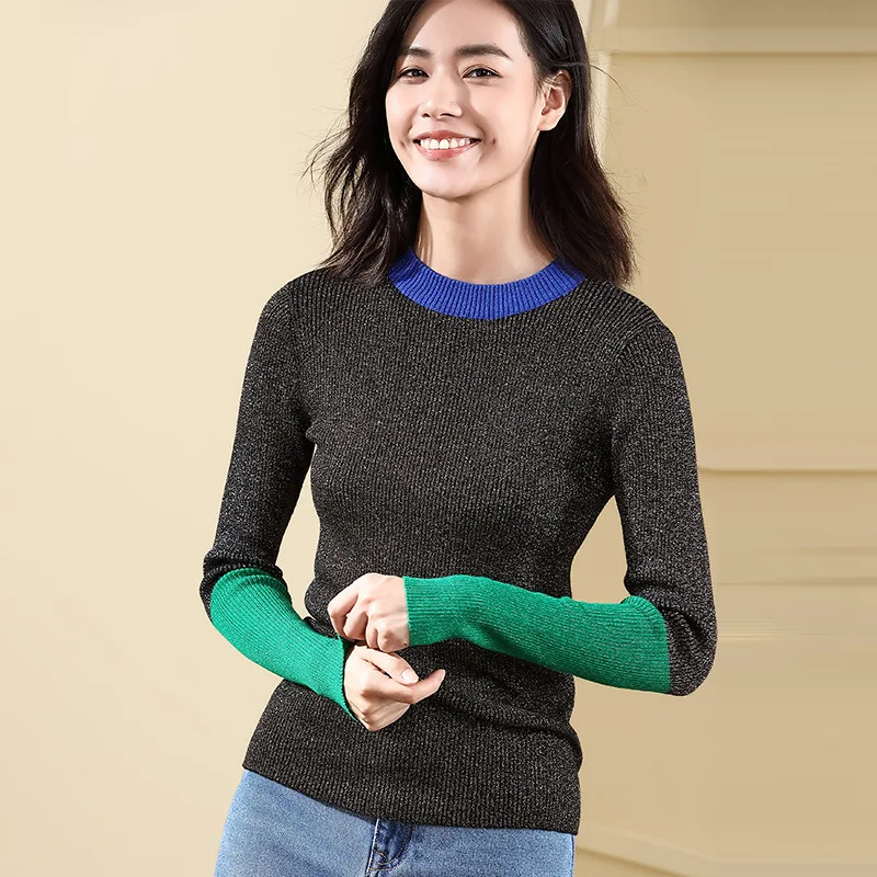 2018 Autumn and Winter sweater woman knitting pullover long sleeve spelling color fashion rendering sweater woman winter 18101 2018 Autumn and Winter sweater woman knitting pullover long sleeve spelling color fashion rendering sweater woman winter 18101