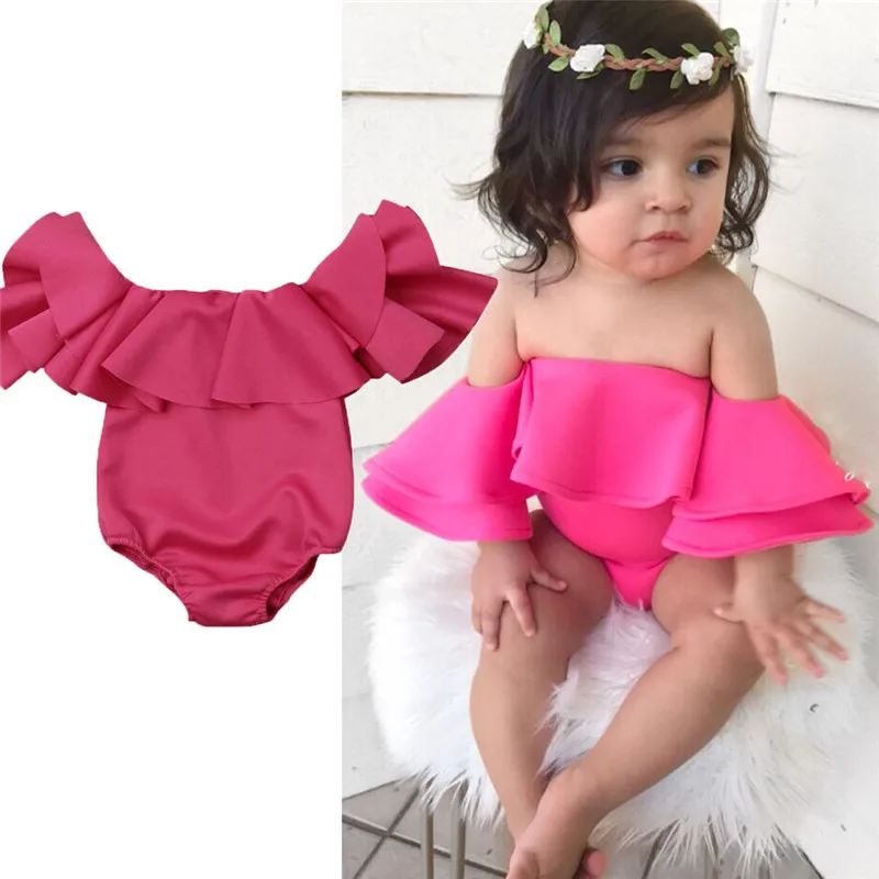 

Newborn Baby Girls clothes off shoulder Solid Ruffle casual Bodysuit kids Toddler short sleeve cotton cute Jumpsuit one pieces
