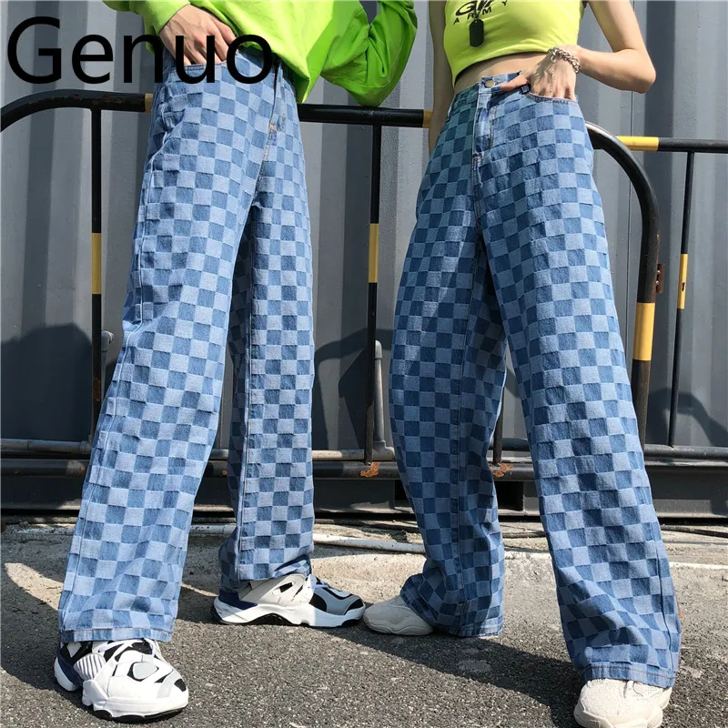 

Harajuku vintage ins hot plaid pattern washed unisex loose long pants jeans