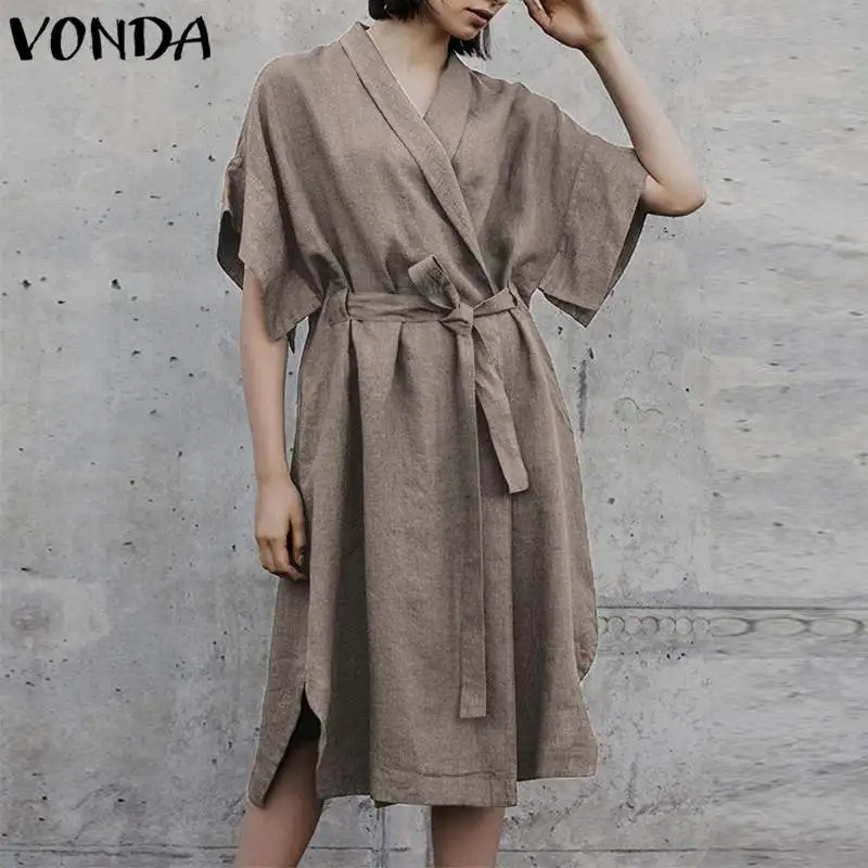 

VONDA Plus Size Women Dress 2019 Summer Casual Loose V Neck Batwing Sleeve Belt Solid Cardigans Dresses Female Vintage Vestidos